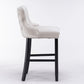 2 x Velvet Upholstered Button Tufted Bar Stools with Wood Legs and Studs - Beige