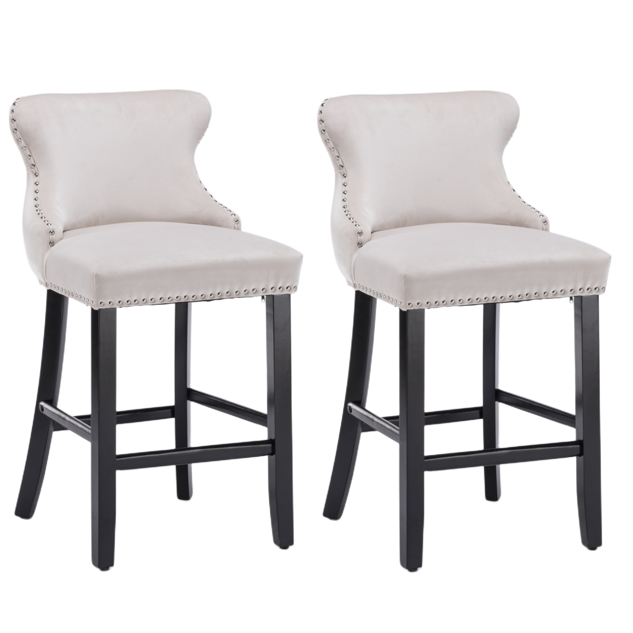 2 x Velvet Upholstered Button Tufted Bar Stools with Wood Legs and Studs - Beige