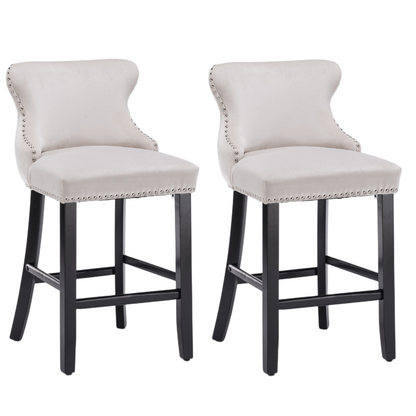 2 x Velvet Upholstered Button Tufted Bar Stools with Wood Legs and Studs - Beige