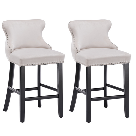 2 x Velvet Upholstered Button Tufted Bar Stools with Wood Legs and Studs - Beige