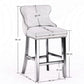 2 x Velvet Upholstered Button Tufted Bar Stools with Wood Legs and Studs - Beige