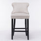2 x Velvet Upholstered Button Tufted Bar Stools with Wood Legs and Studs - Beige