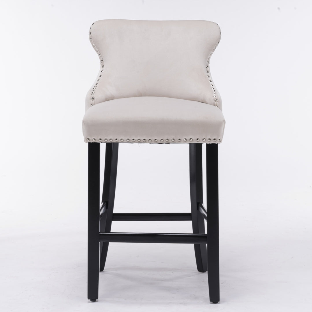 2 x Velvet Upholstered Button Tufted Bar Stools with Wood Legs and Studs - Beige