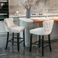 2 x Velvet Upholstered Button Tufted Bar Stools with Wood Legs and Studs - Beige