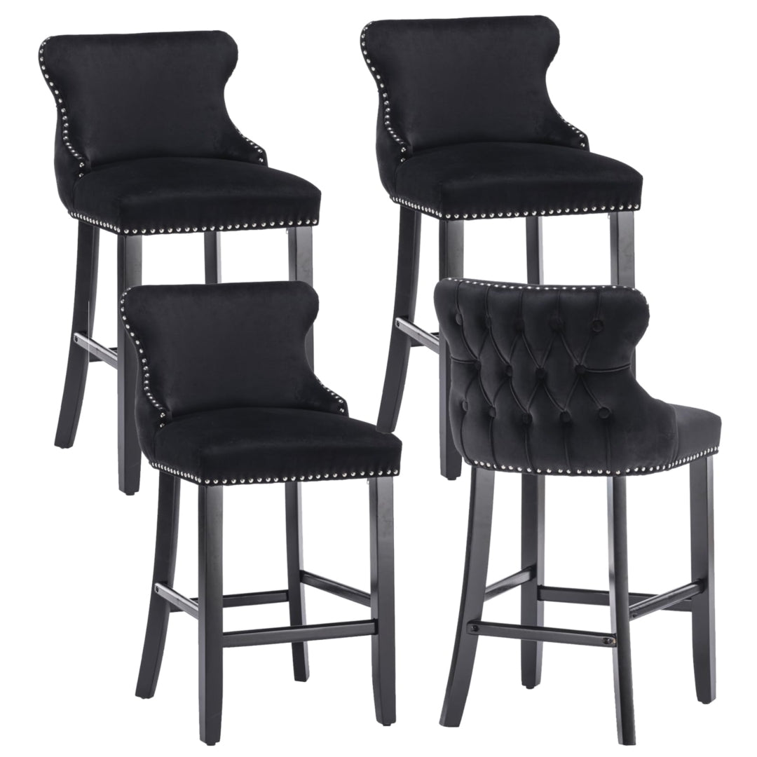 4 x Velvet Upholstered Button Tufted Bar Stools with Wood Legs and Studs - Black