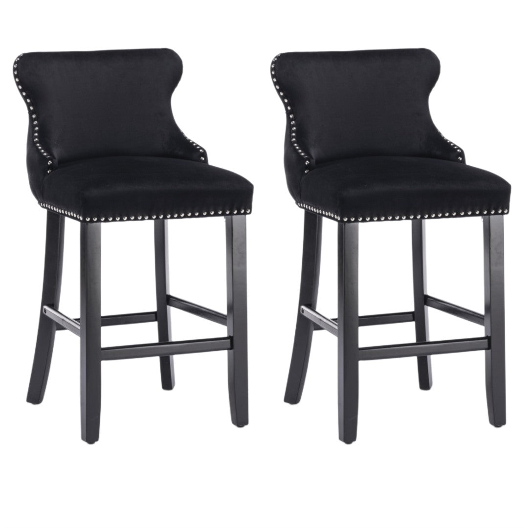4 x Velvet Upholstered Button Tufted Bar Stools with Wood Legs and Studs - Black