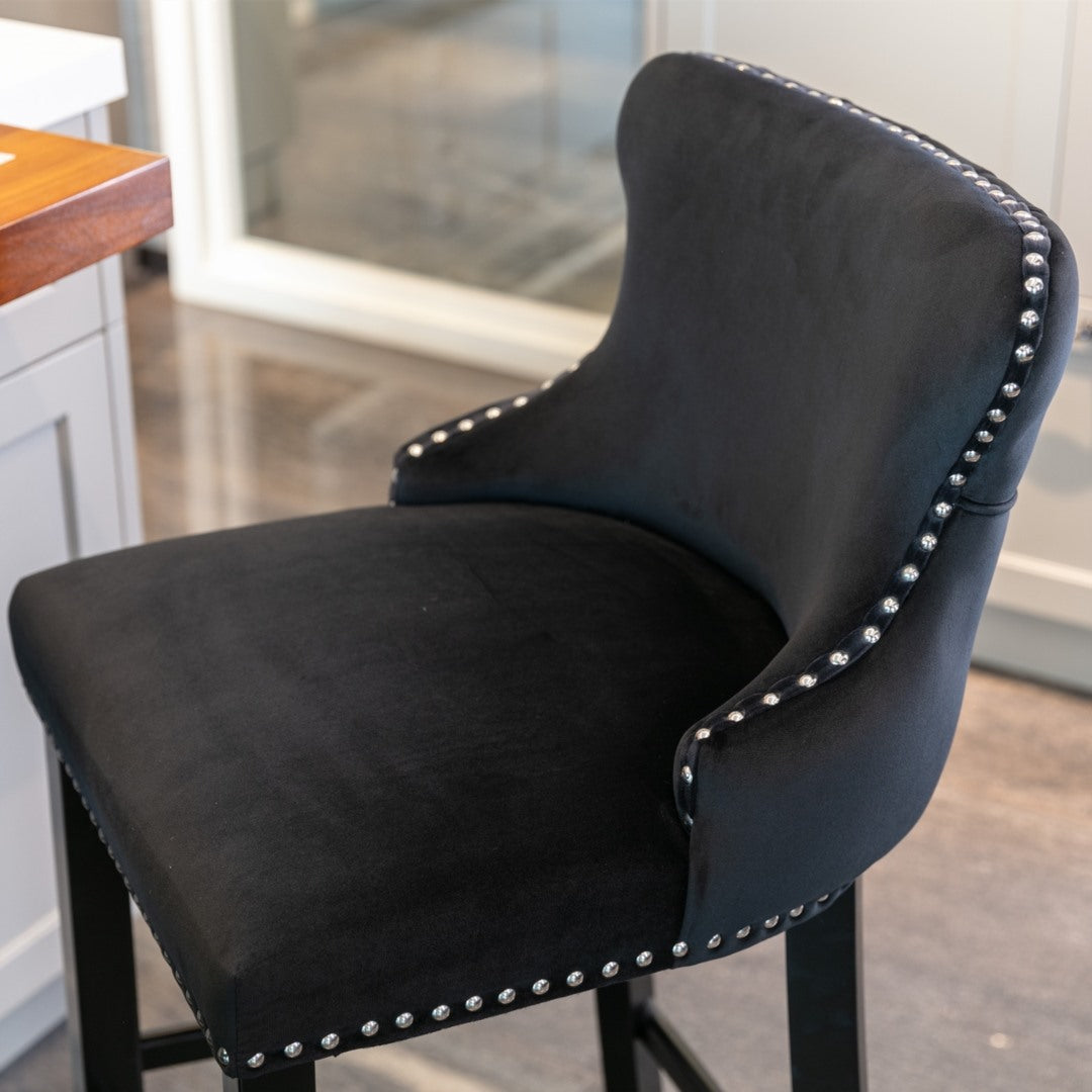 2 x Velvet Upholstered Button Tufted Bar Stools with Wood Legs and Studs - Black