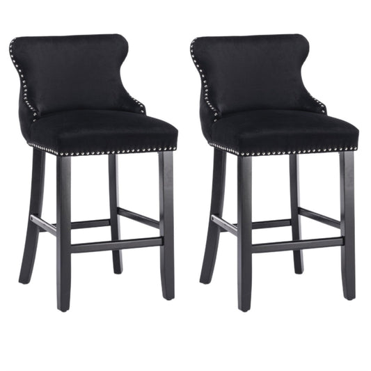 2 x Velvet Upholstered Button Tufted Bar Stools with Wood Legs and Studs - Black
