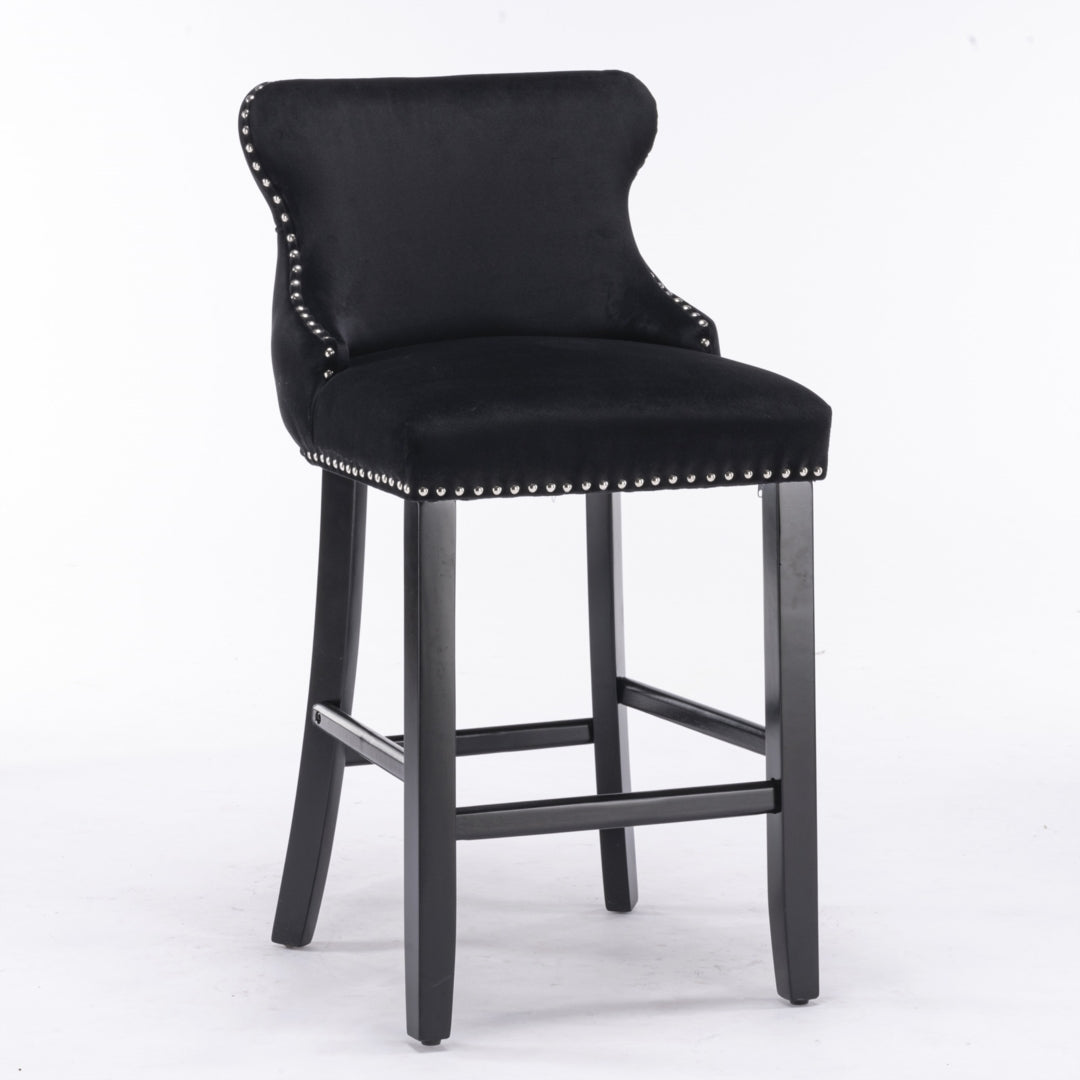 2 x Velvet Upholstered Button Tufted Bar Stools with Wood Legs and Studs - Black