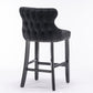 2 x Velvet Upholstered Button Tufted Bar Stools with Wood Legs and Studs - Black