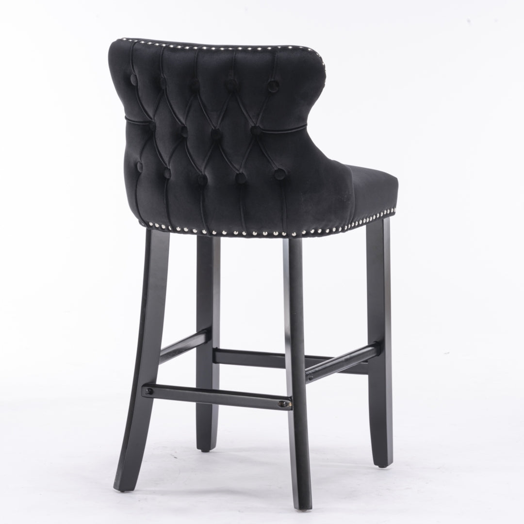 2 x Velvet Upholstered Button Tufted Bar Stools with Wood Legs and Studs - Black