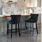 2 x Velvet Upholstered Button Tufted Bar Stools with Wood Legs and Studs - Black