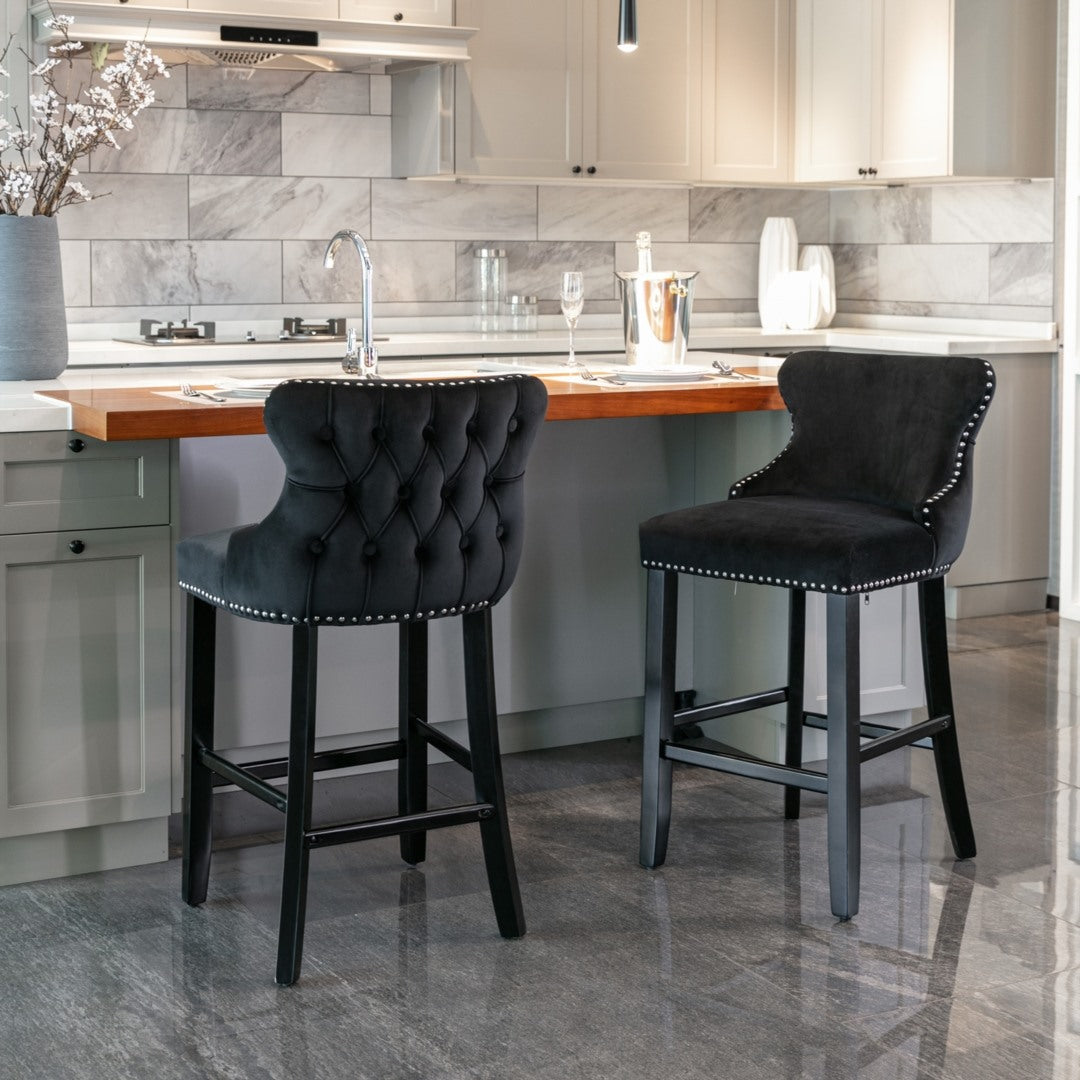 2 x Velvet Upholstered Button Tufted Bar Stools with Wood Legs and Studs - Black