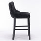 2 x Velvet Upholstered Button Tufted Bar Stools with Wood Legs and Studs - Black