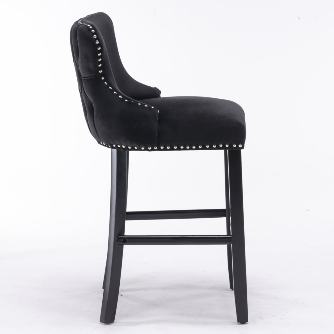 2 x Velvet Upholstered Button Tufted Bar Stools with Wood Legs and Studs - Black
