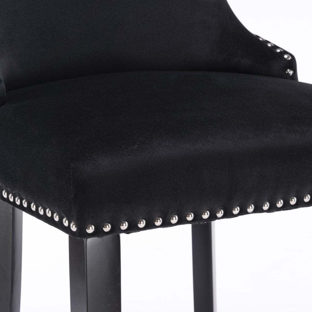 2 x Velvet Upholstered Button Tufted Bar Stools with Wood Legs and Studs - Black