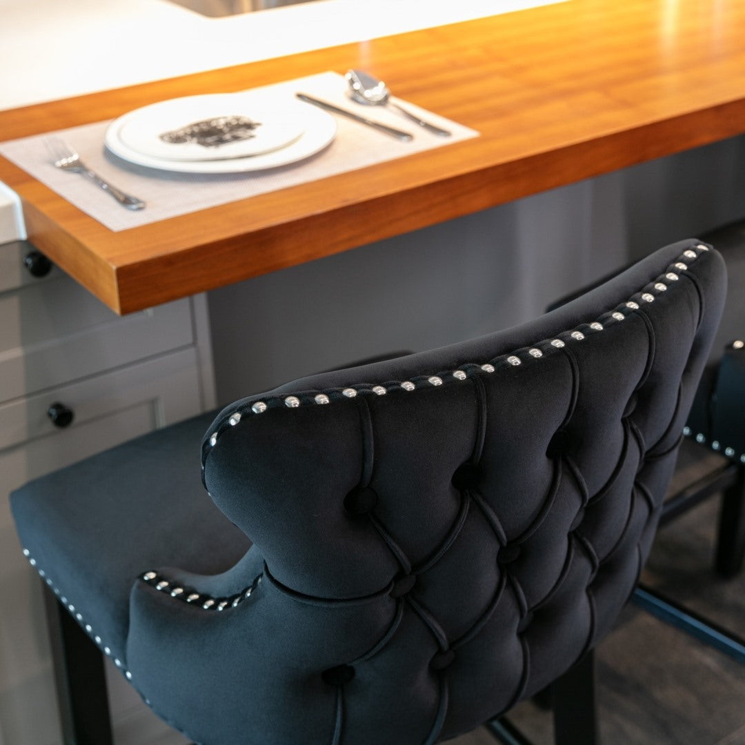 2 x Velvet Upholstered Button Tufted Bar Stools with Wood Legs and Studs - Black