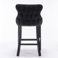 2 x Velvet Upholstered Button Tufted Bar Stools with Wood Legs and Studs - Black