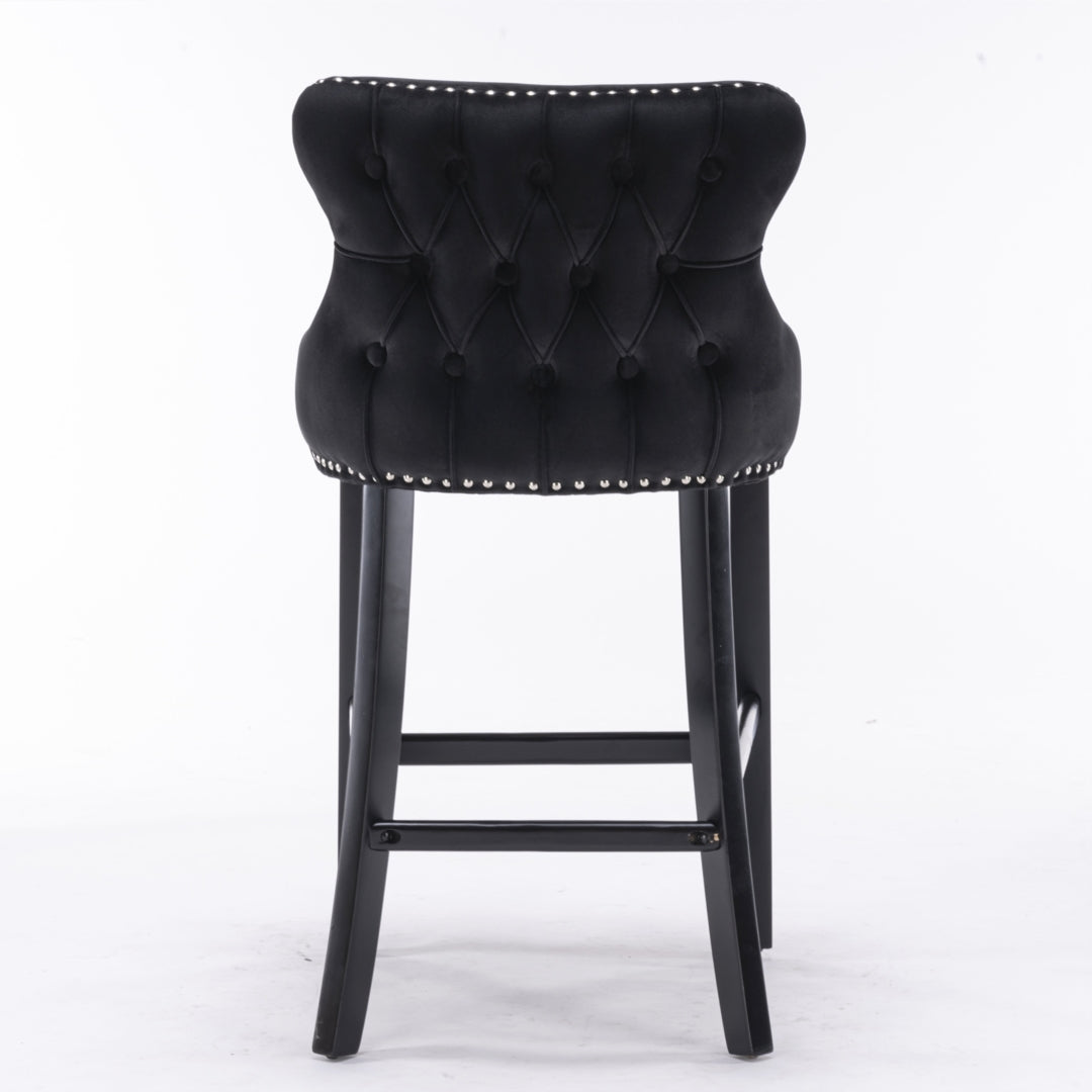 2 x Velvet Upholstered Button Tufted Bar Stools with Wood Legs and Studs - Black