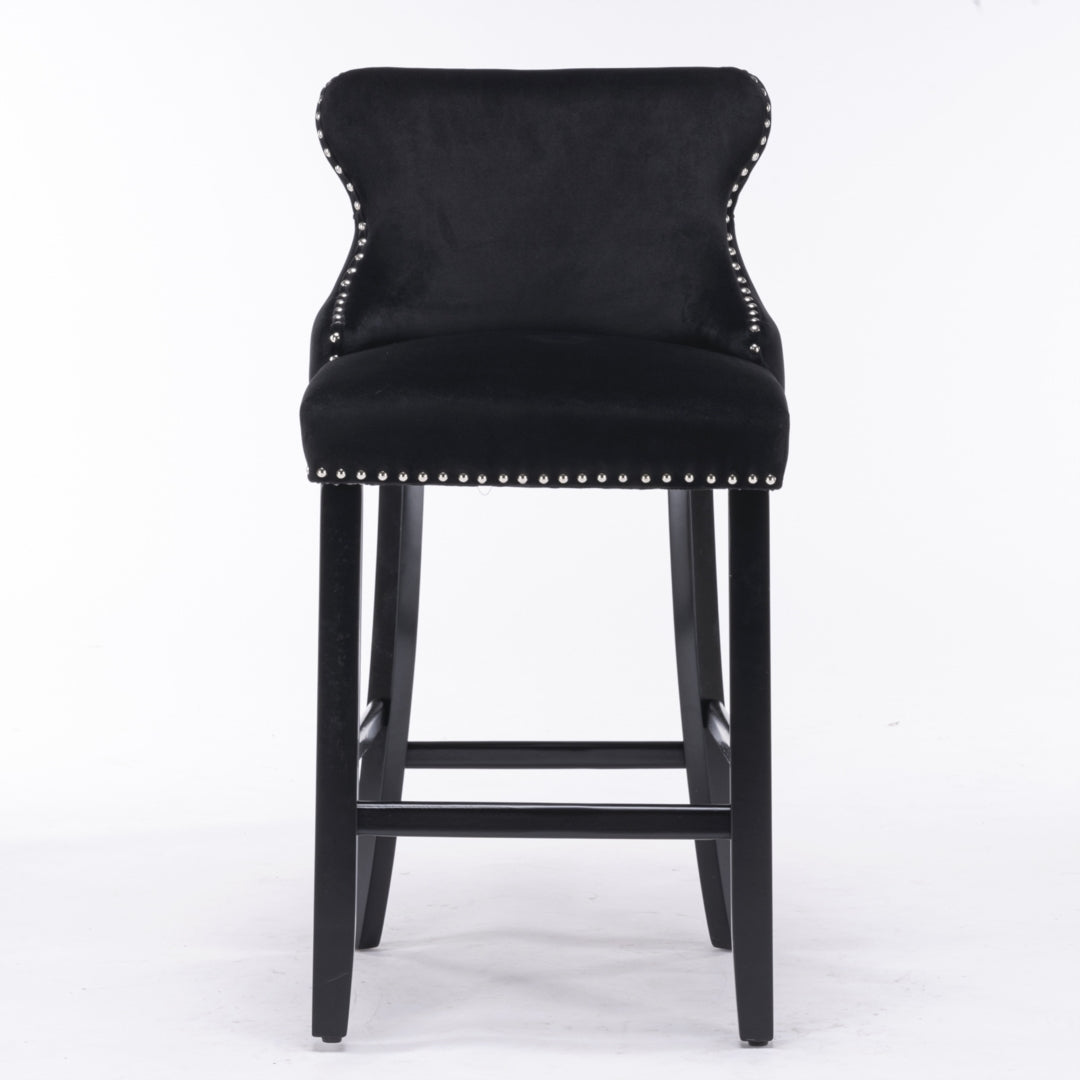 2 x Velvet Upholstered Button Tufted Bar Stools with Wood Legs and Studs - Black