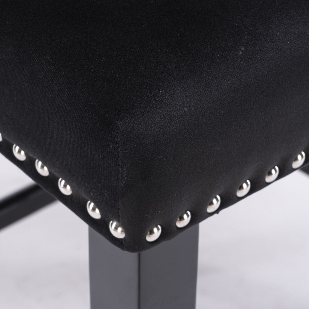 2 x Velvet Upholstered Button Tufted Bar Stools with Wood Legs and Studs - Black
