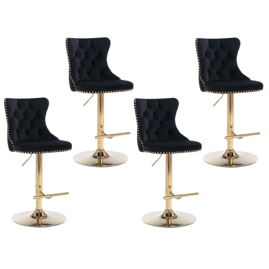 4 x Height Adjustable Swivel Bar Stool Velvet Studs with Footrest and Golden Base - Black