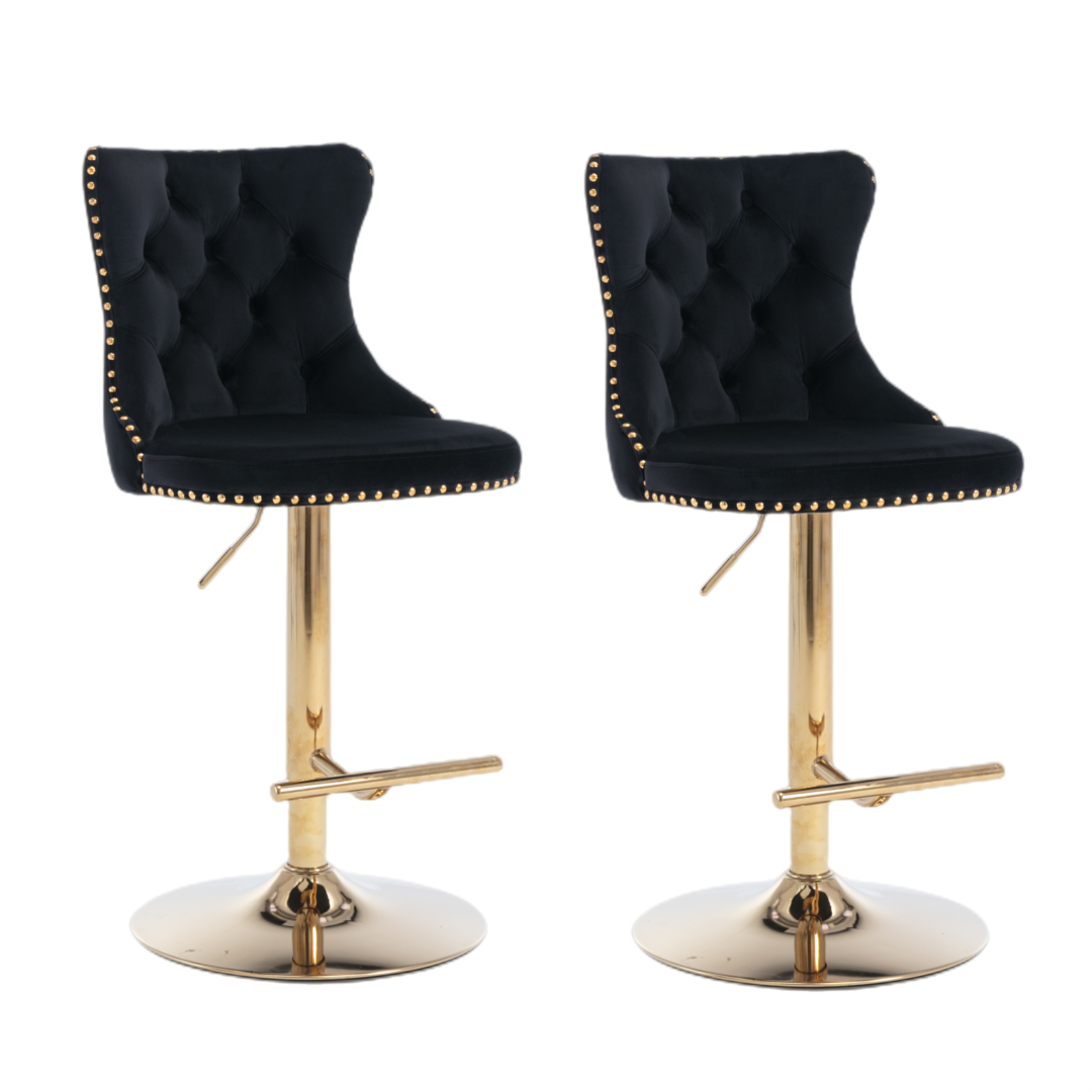 4 x Height Adjustable Swivel Bar Stool Velvet Studs with Footrest and Golden Base - Black