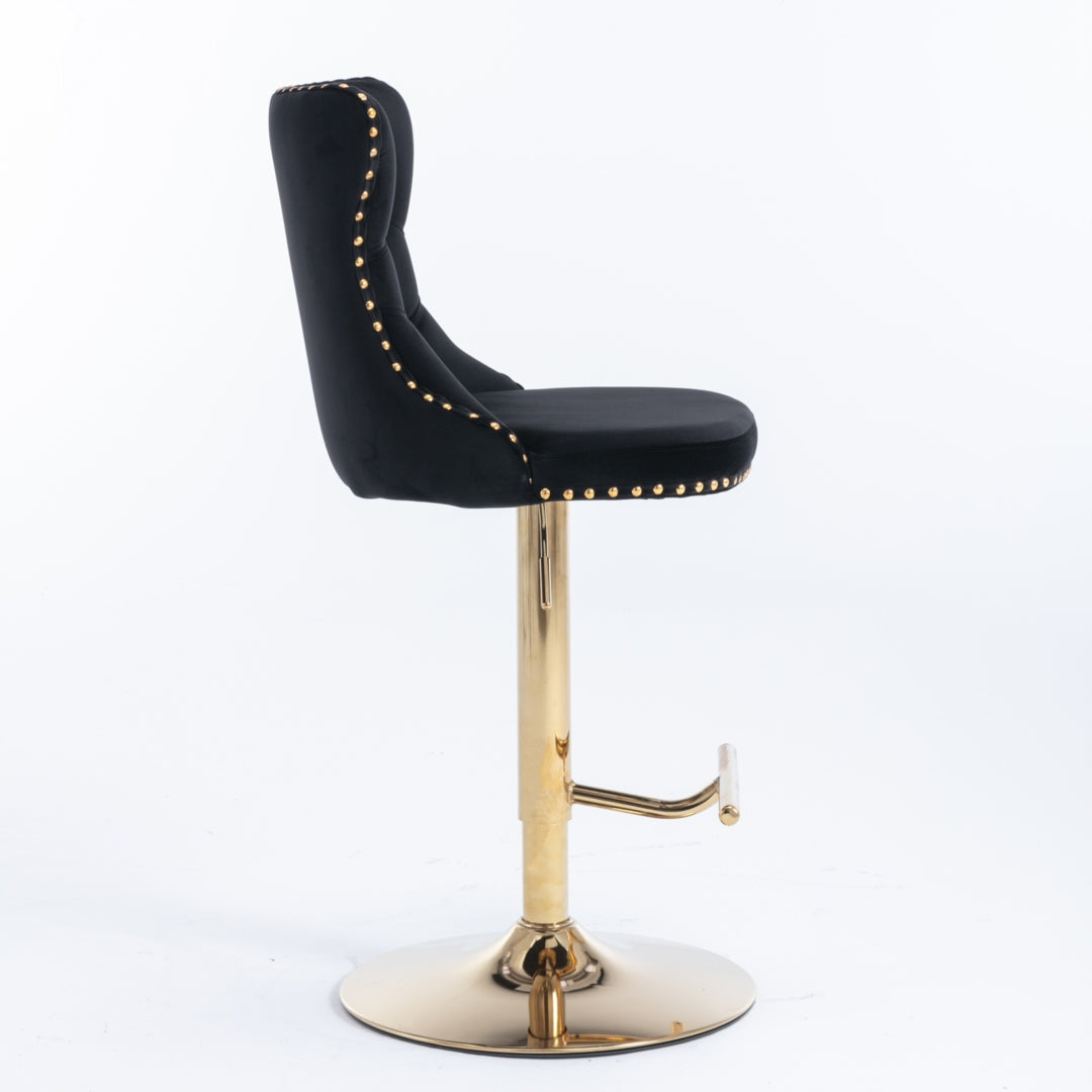 4 x Height Adjustable Swivel Bar Stool Velvet Studs with Footrest and Golden Base - Black