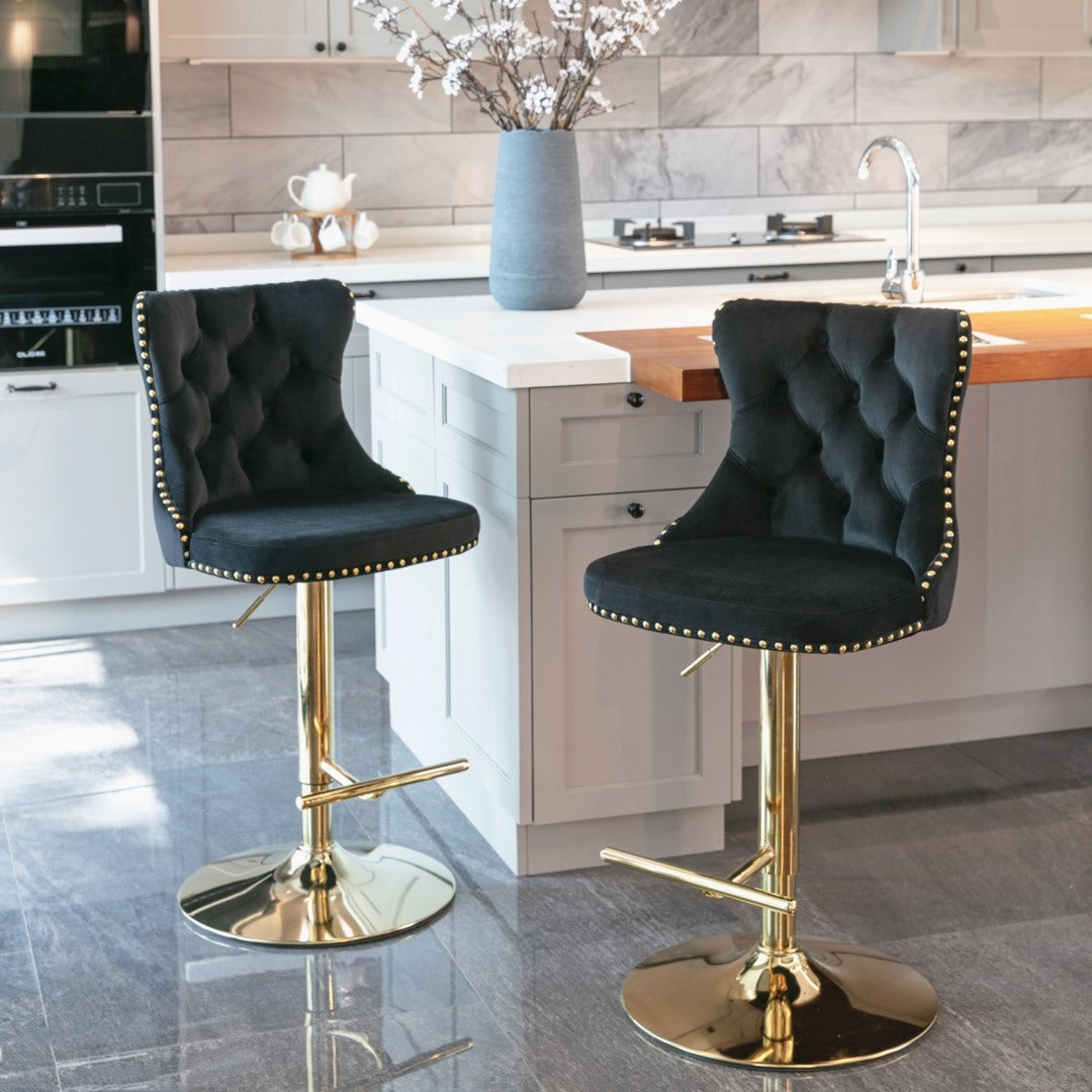 4 x Height Adjustable Swivel Bar Stool Velvet Studs with Footrest and Golden Base - Black