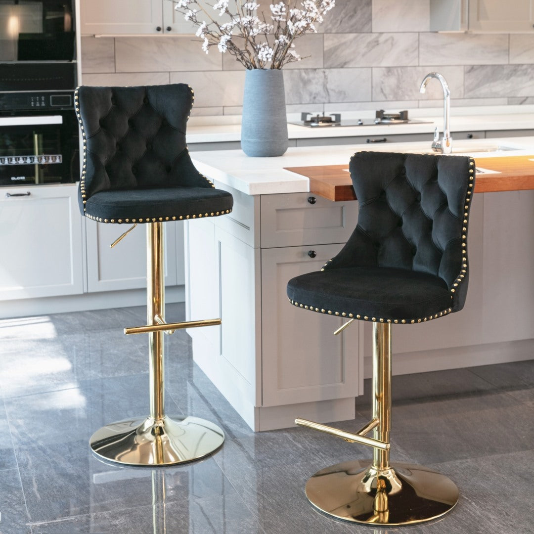 4 x Height Adjustable Swivel Bar Stool Velvet Studs with Footrest and Golden Base - Black
