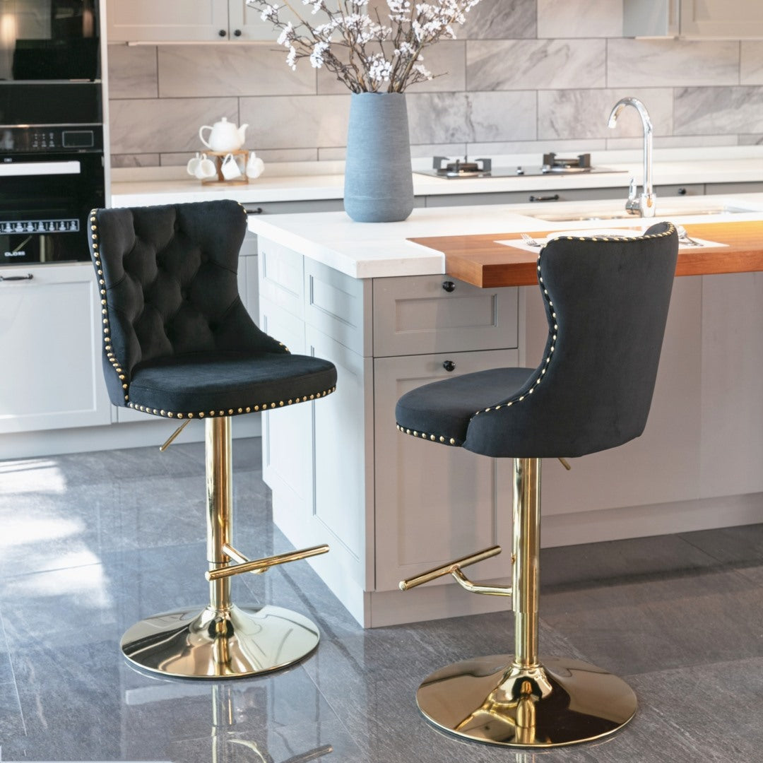 4 x Height Adjustable Swivel Bar Stool Velvet Studs with Footrest and Golden Base - Black