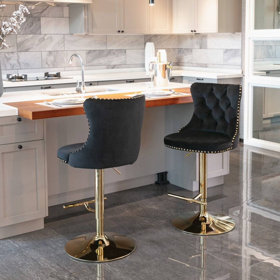 4 x Height Adjustable Swivel Bar Stool Velvet Studs with Footrest and Golden Base - Black