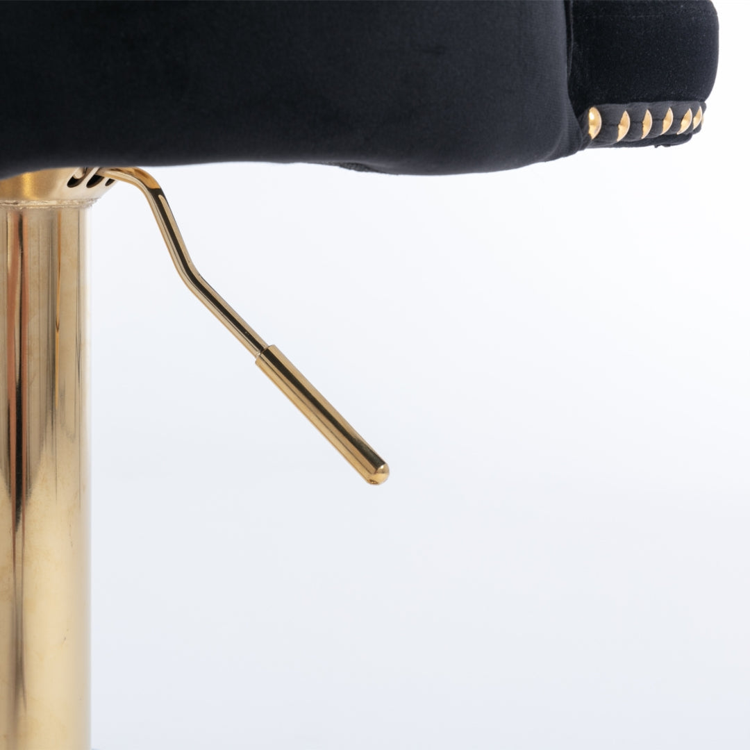4 x Height Adjustable Swivel Bar Stool Velvet Studs with Footrest and Golden Base - Black