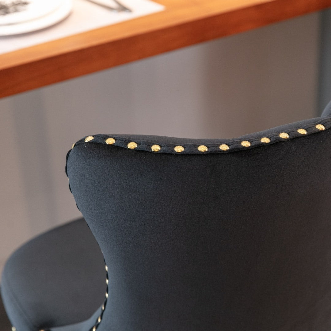 4 x Height Adjustable Swivel Bar Stool Velvet Studs with Footrest and Golden Base - Black