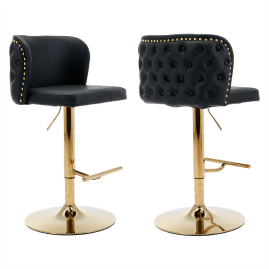 2 x Faux Leather Golden Base Swivel Bar Stools - Black
