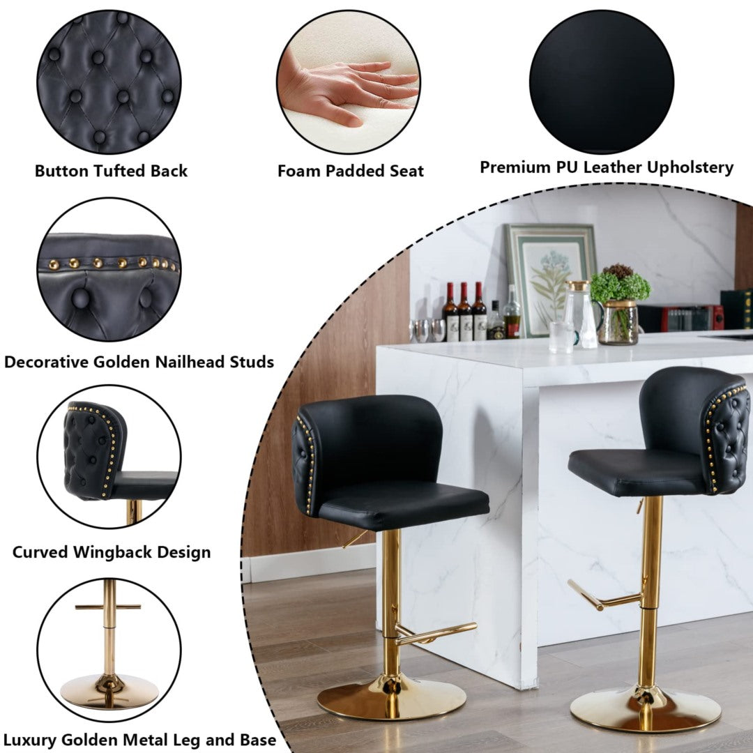 2 x Faux Leather Golden Base Swivel Bar Stools - Black