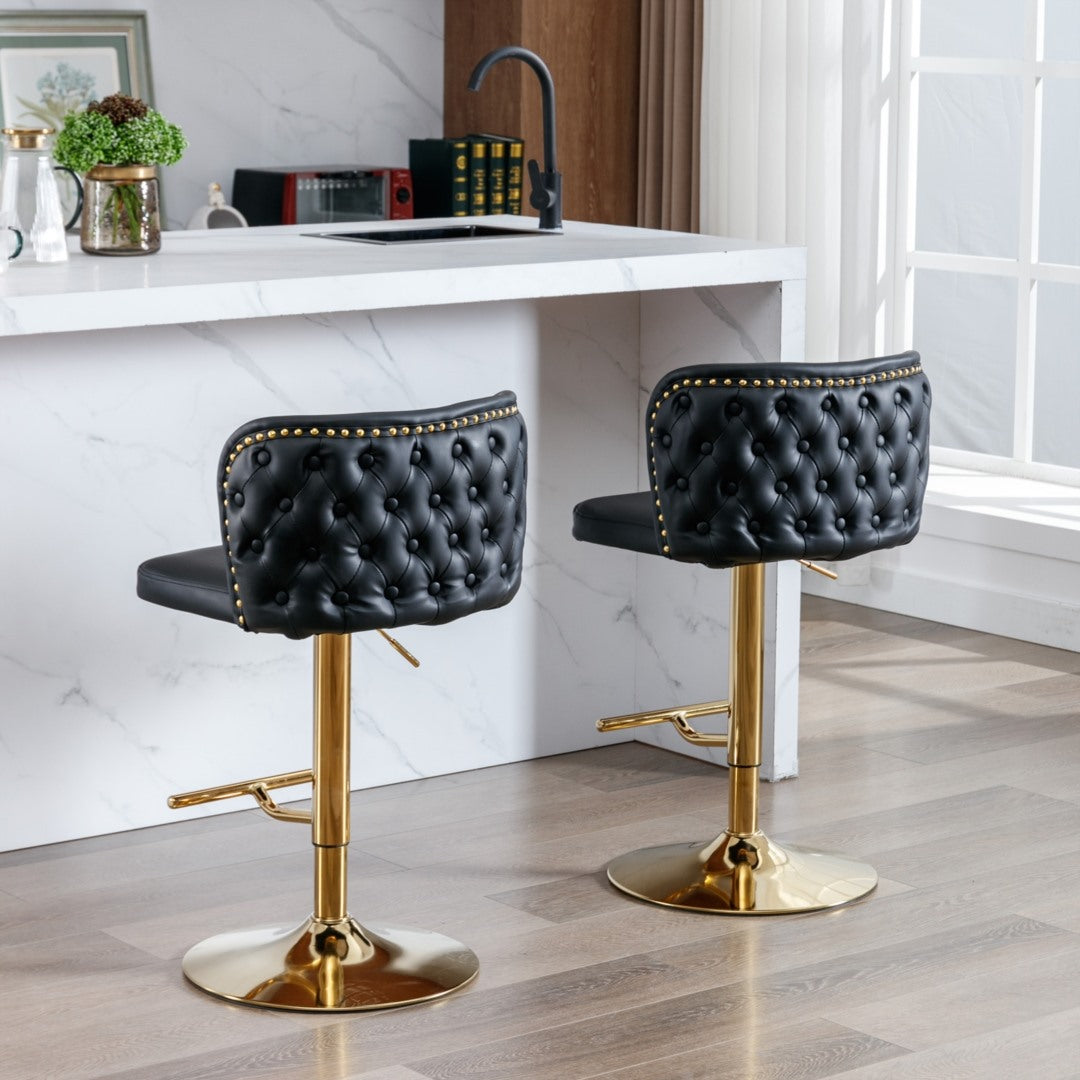 2 x Faux Leather Golden Base Swivel Bar Stools - Black