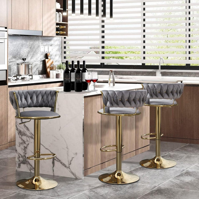 SERENITà 2 x Height Adjustable Swivel Bar Velvet Padded Golden Round Base - Grey