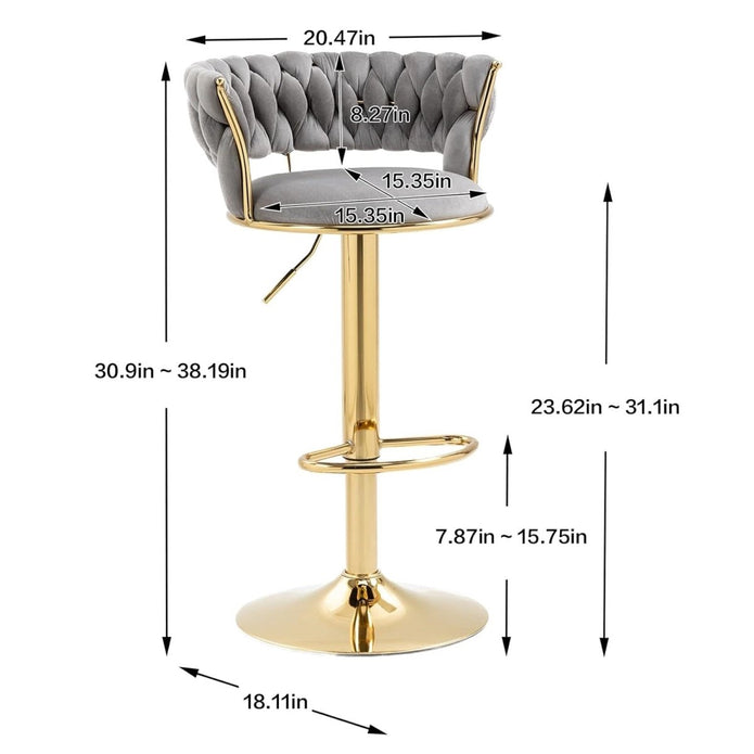 SERENITà 2 x Height Adjustable Swivel Bar Velvet Padded Golden Round Base - Grey