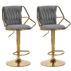2x Height Velvet Padded Golden Round Base Barstools Chairs with Backrest and Footrest -GREY