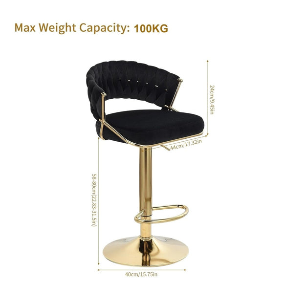 SERENITà 2 x Height Adjustable Swivel Bar Velvet Padded Golden Round Base - Black