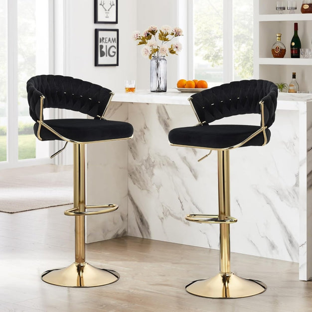 SERENITà 2 x Height Adjustable Swivel Bar Velvet Padded Golden Round Base - Black