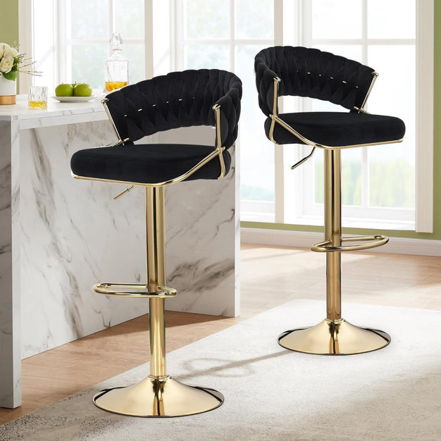 SERENITà 2 x Height Adjustable Swivel Bar Velvet Padded Golden Round Base - Black