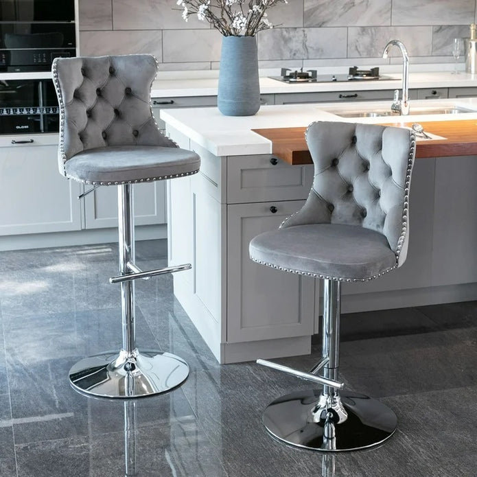 SERENITà 2 x Height Adjustable Counter Stool Swivel Bar Faux Leather Stitched Metal Base - Grey