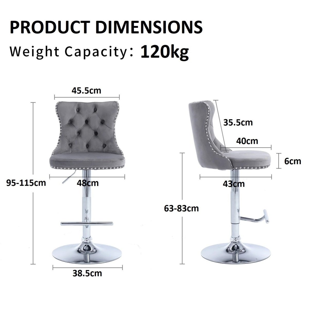 SERENITà 2 x Height Adjustable Counter Stool Swivel Bar Faux Leather Stitched Metal Base - Grey