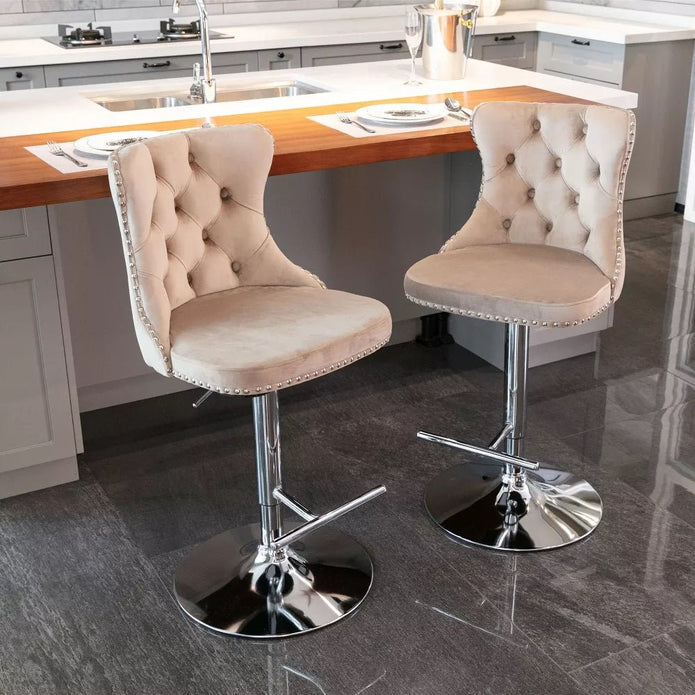 SERENITà Ivory Velvet Bar Stools Adjustable Swivel Counter Height Chairs with Tufted Back and Nailhead Trim for Kitchen Island Pub Restaurant (2Pcs, Chrome Metal)
