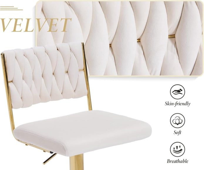 SERENITà 2 x Height Adjustable Swivel Bar Velvet Padded Flat Back Golden Round Base - White