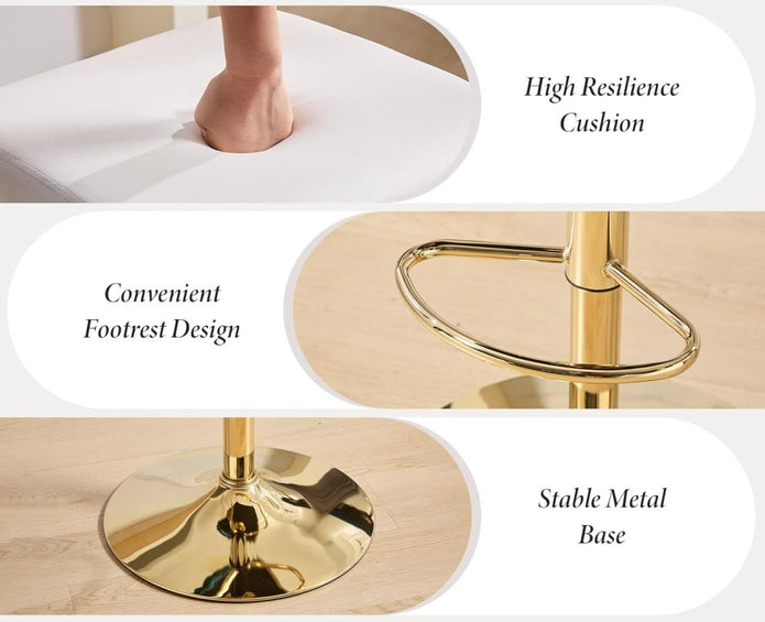 SERENITà 2 x Height Adjustable Swivel Bar Velvet Padded Flat Back Golden Round Base - White