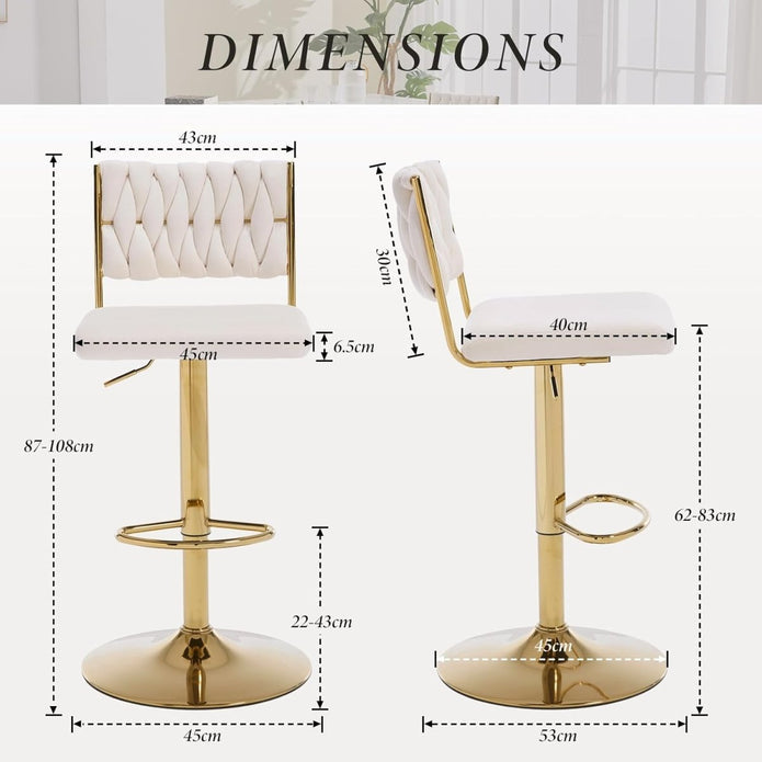 SERENITà 2 x Height Adjustable Swivel Bar Velvet Padded Flat Back Golden Round Base - White