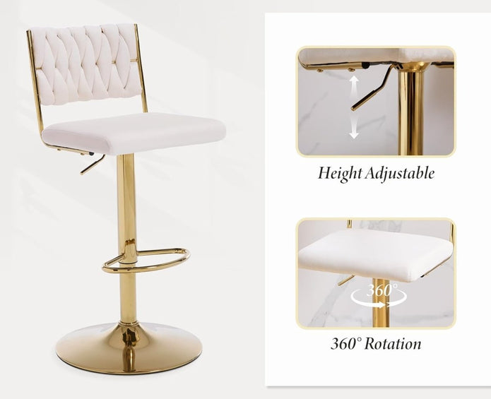 SERENITà 2 x Height Adjustable Swivel Bar Velvet Padded Flat Back Golden Round Base - White